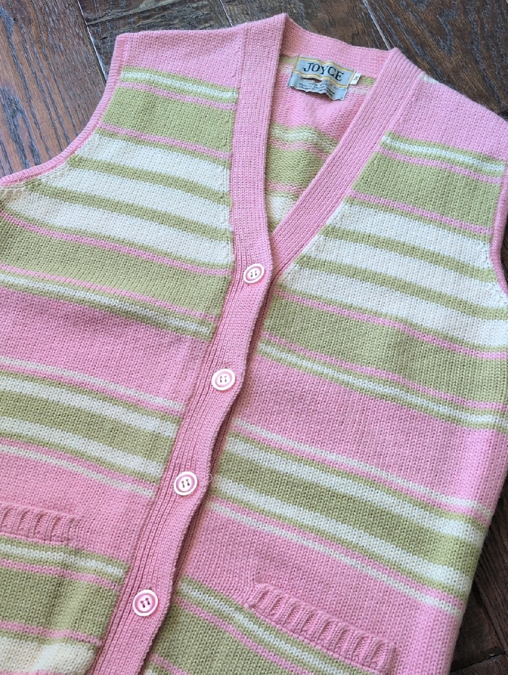 Vintage JOYCE Pink & Green Striped Knit Wool Button-Up Sleeveless Vest Cardigan
